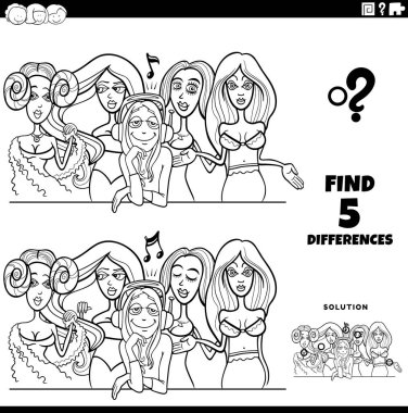 Black and white cartoon illustration of finding the differences between pictures educational game with comic women group coloring page