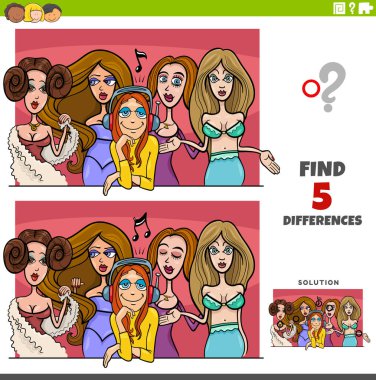 Cartoon illustration of finding the differences between pictures educational game with comic women group