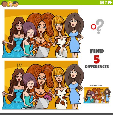 Cartoon illustration of finding the differences between pictures educational task with comic women group