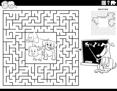 Black and white cartoon illustration of educational maze puzzle game for children with little puppies and teacher dog coloring page