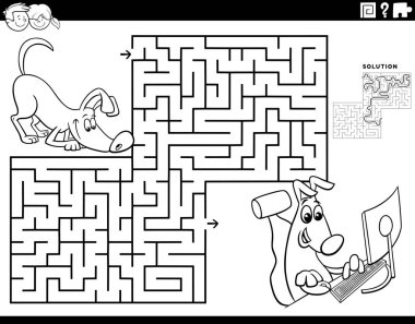 Black and white cartoon illustration of educational maze puzzle game for children with dog playing computer games coloring page