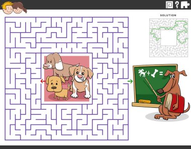 Cartoon illustration of educational maze puzzle game for children with little puppies and teacher dog