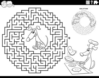 Black and white cartoon illustration of educational maze puzzle game for children with dog making pancakes coloring page