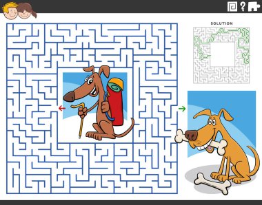 Cartoon illustration of educational maze puzzle game for children with hiker dog and his friend with dog bones