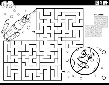 Black and white cartoon illustration of educational maze puzzle game for children with rocket in space and the Moon coloring page