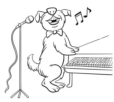 Black and white cartoon illustration of funny dog animal character singing at the piano coloring page