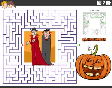 Cartoon illustration of educational maze puzzle game with vampires and jack o'lantern pumpkin on Halloween time