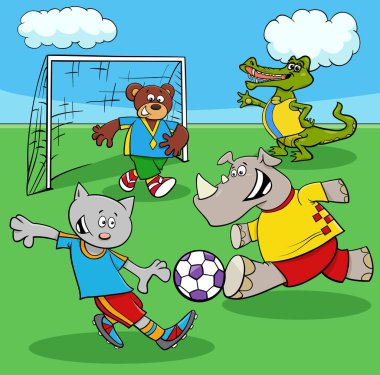 Cartoon illustrations of animal football or soccer player characters playing a match on the field