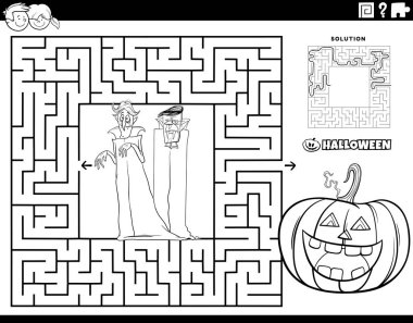Black and white cartoon illustration of educational maze puzzle game with vampires and jack o'lantern pumpkin on Halloween time coloring page