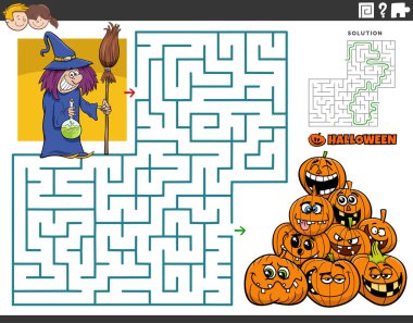 Cartoon illustration of educational maze puzzle game with witch and jack o'lantern pumpkins on Halloween time