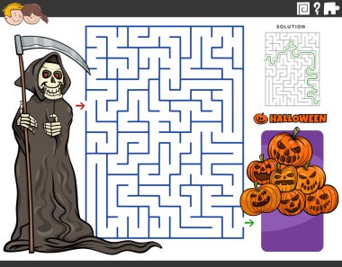 Cartoon illustration of educational maze puzzle game with Grim Reaper and jack o'lantern pumpkins on Halloween time