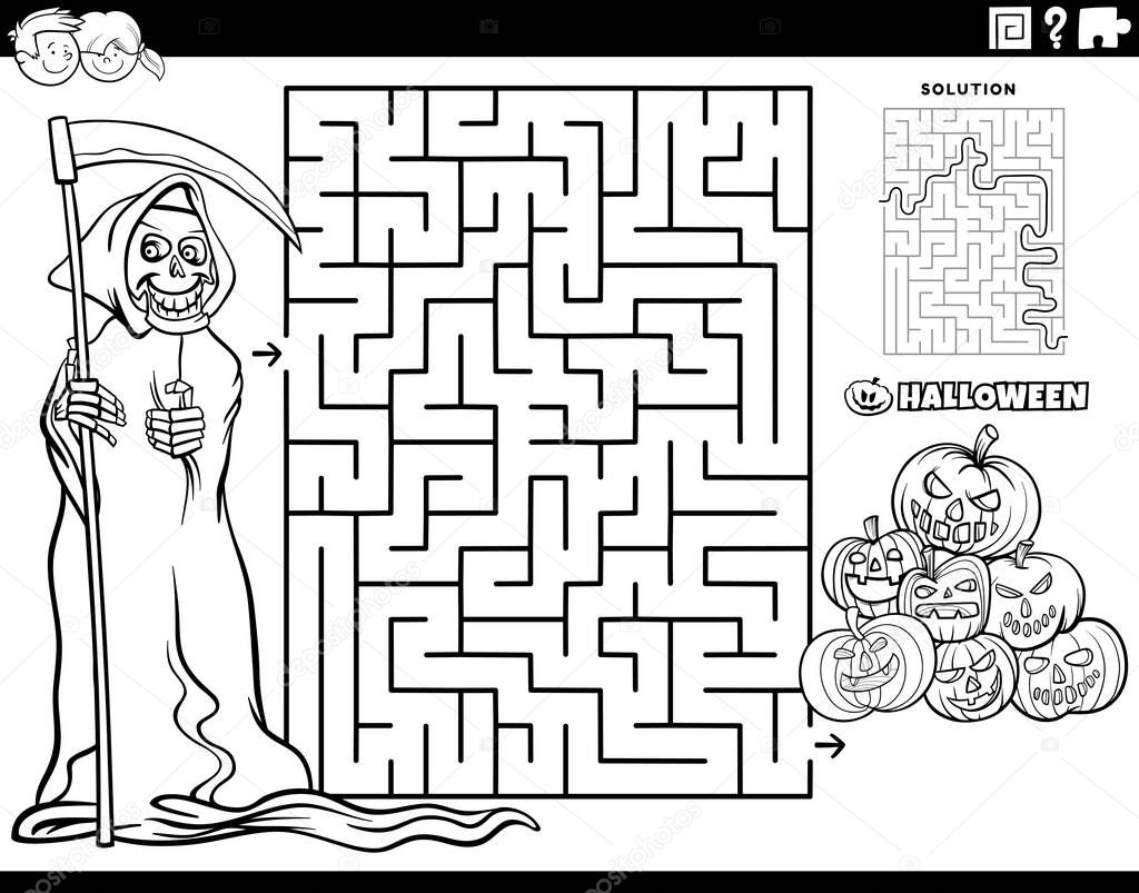 Black and white cartoon illustration of educational maze puzzle game with Grim Reaper and jack o'lantern pumpkins on Halloween time coloring page