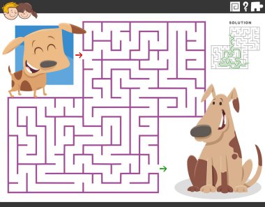 Cartoon illustration of educational maze puzzle for children with adult dog and little puppy