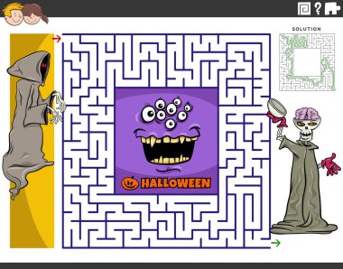 Cartoon illustration of educational maze puzzle game with ghost or skeleton and monster on Halloween time