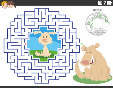 Cartoon illustration of educational maze puzzle for children with adult dog and cute little puppy
