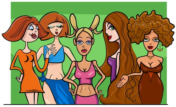Cartoon Illustration Young Women Comic Characters Group — Archivo Imágenes Vectoriales