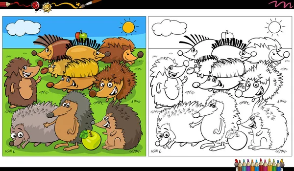 Cartoon Illustration Hedgehogs Animal Characters Group Coloring Page — Stockvektor