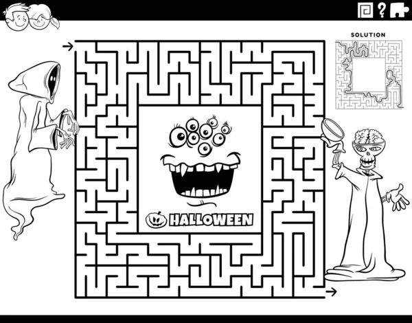 Black White Cartoon Illustration Educational Maze Puzzle Game Ghost Skeleton — Stock vektor