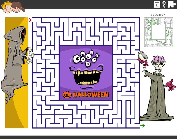 Cartoon Illustration Educational Maze Puzzle Game Ghost Skeleton Monster Halloween — Stockový vektor