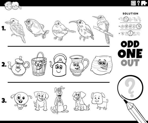 Black White Cartoon Illustration Odd One Out Picture Row Educational — Stock Vector