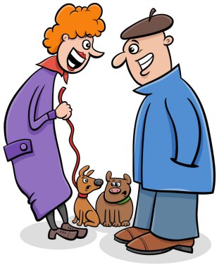 Cartoon illustration of two dog owners chatting while walking with their pets