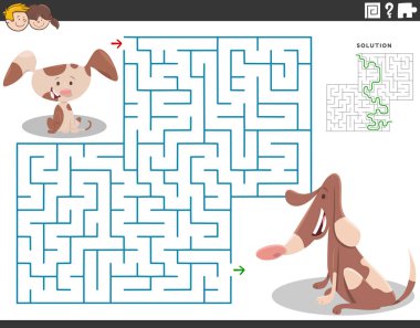 Cartoon illustration of educational maze puzzle task for children with adult dog and cute little puppy