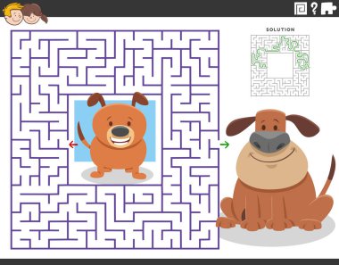 Cartoon illustration of educational maze puzzle for children with adult dog and little puppy
