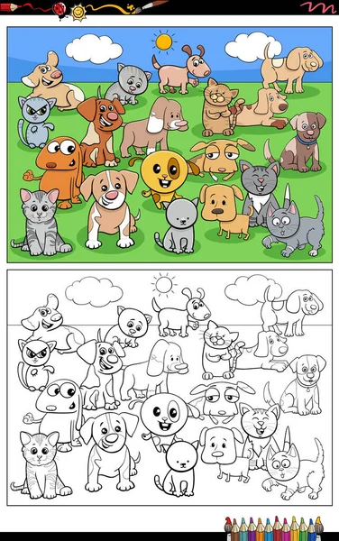 Cartoon Illustration Puppies Kittens Animal Characters Group Coloring Page — Stok Vektör