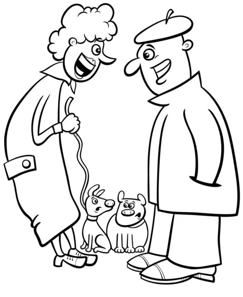 Black White Cartoon Illustration Two Dog Owners Chatting While Walking — стоковый вектор