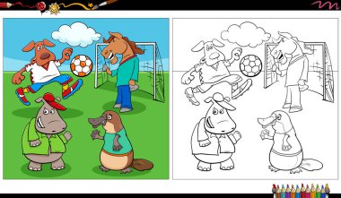 Futbol boyama sayfasında oynayan hayvan karakterleri grubunun çizgi film çizimi