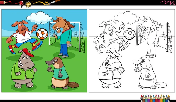 Futbol Boyama Sayfasında Oynayan Hayvan Karakterleri Grubunun Çizgi Film Çizimi — Stok Vektör