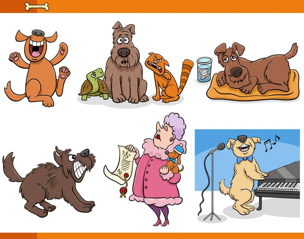 Illustration Dessins Animés Chiens Drôles Animaux Compagnie Ensemble Personnages Animaux — Image vectorielle