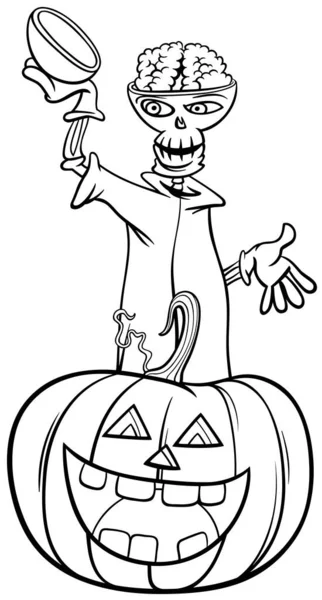Illustration Dessin Animé Noir Blanc Personnage Squelette Avec Coloriage Citrouille — Image vectorielle