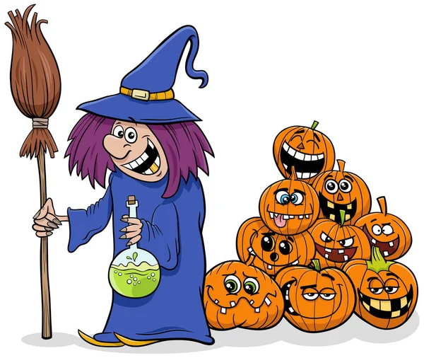 Dibujos Animados Ilustración Bruja Divertida Con Escoba Pila Calabazas Halloween — Vector de stock
