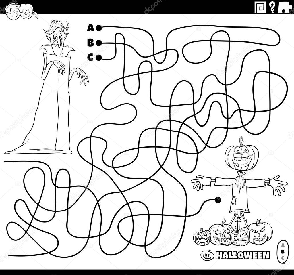Black and white cartoon illustration of lines maze puzzle with comic vampire and scarecrow with Halloween pumpkins coloring page