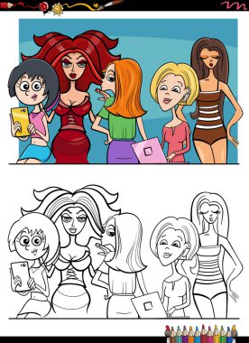 Güzel kızların ya da genç kadın karakterlerin karikatür çizimleri grup boyama sayfası
