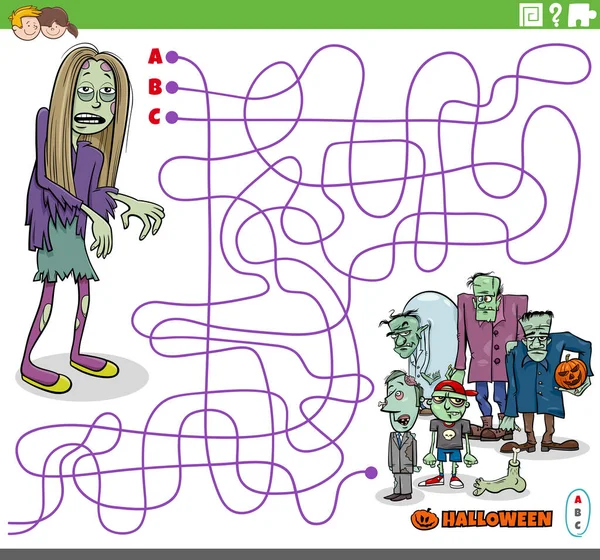 Illustration Dessins Animés Lignes Labyrinthe Puzzle Avec Des Personnages Zombies — Image vectorielle