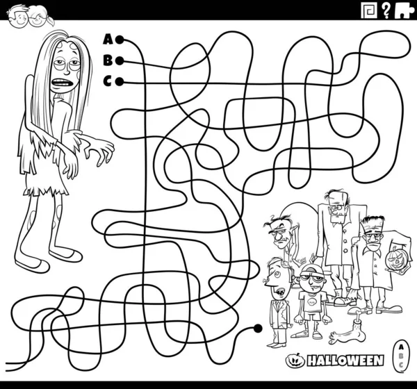 Illustrazione Bianco Nero Del Cartone Animato Linee Labirinto Puzzle Con — Vettoriale Stock