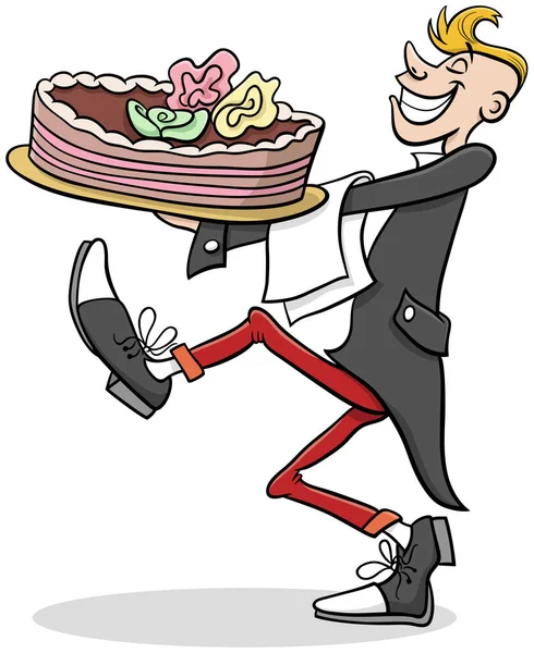 Γελοιογραφία Απεικόνιση Του Σερβιτόρου Που Σερβίρει Ένα Μεγάλο Κέικ — Διανυσματικό Αρχείο