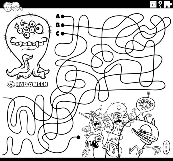 Illustrazione Bianco Nero Del Cartone Animato Linee Labirinto Puzzle Con — Vettoriale Stock