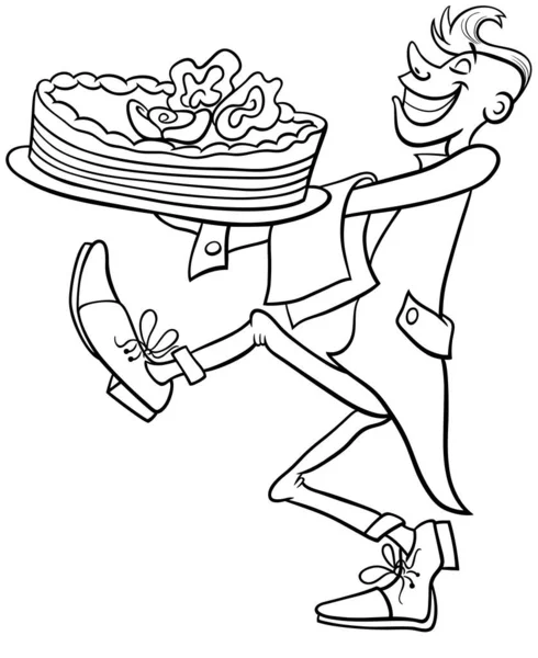 Garsonun Büyük Bir Pasta Boyama Sayfasını Servis Ettiği Siyah Beyaz — Stok Vektör
