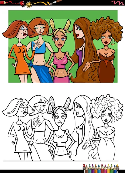 Ilustracja Kreskówki Piękna Młoda Kobieta Znaków Grupy Kolorowanki — Wektor stockowy