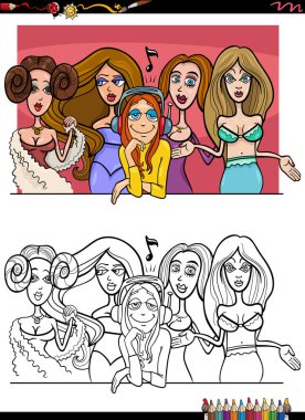 Güzel kızların ya da kadın karakterlerin çizgi film çizimleri grup boyama sayfası