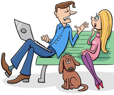 Parktaki bankta konuşan bir kadın ve bir adamın sıkıcı bir köpeğin çizgi film çizimi.