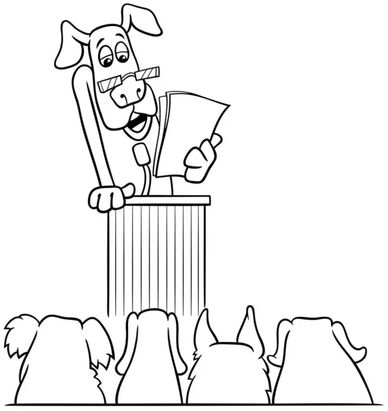 狗在讲台上发表演讲时的黑白卡通画 — 图库矢量图片