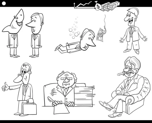 Czarno Biała Kreskówka Ilustracja Koncepcji Biznesowych Zabawnymi Postaciami Biznesmenów Zestaw — Wektor stockowy