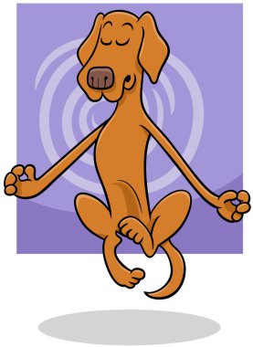 Meditasyon ve havadaki köpek karakterinin karikatür çizimi.