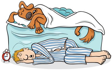 Çizgi filmdeki köpek yatakta uyuyor ve sahibi yerde yatıyor.