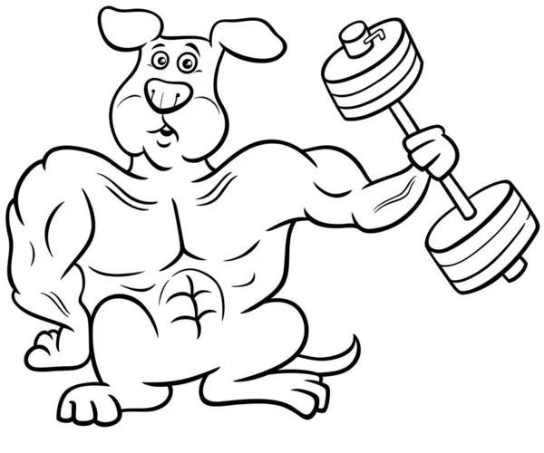 Black White Cartoon Illustration Athlete Dog Training Barbells Coloring Page — Stock Vector