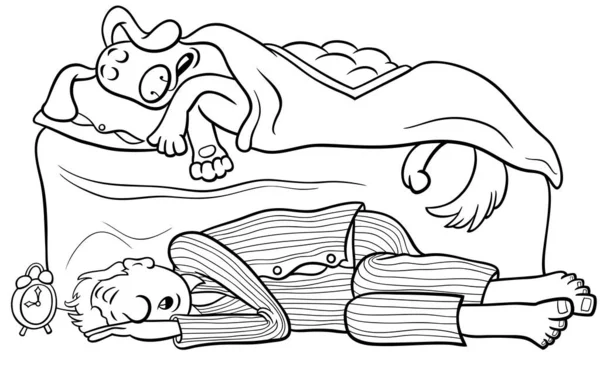 Black White Cartoon Illustration Dog Sleeping Bed His Owner Lying — Stock Vector